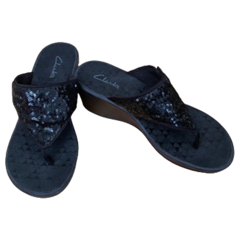 Clarks Slip on Sequin Heel Sandals in Black - Size 8